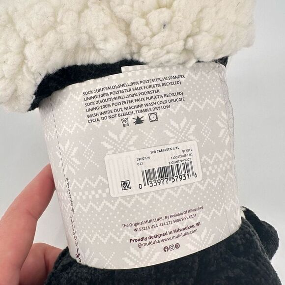 NWT Muk luks Faux Sherpa Lined Cabin Socks L/XL  Black & White‎ Plaid Large XL - Picture 3 of 4